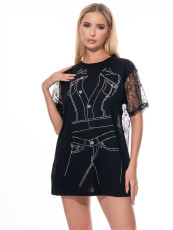 Print Lace See Through Loose T Shirt YWXS-K25L349