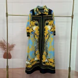 Loose Lapel Vintage Print Long Dress GZRF-KH-0092