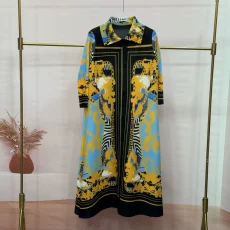 Loose Lapel Vintage Print Long Dress GZRF-KH-0092