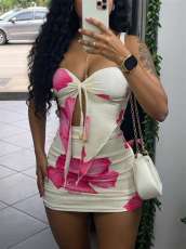 Print Tie Up Off Shoulder Mini Dress YWXS-K25L396