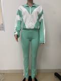 Lapel Zipper Patchwork Sport Two Piece Pants Set LSD-2499