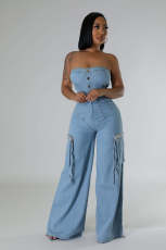Fashion Wrap Chest Denim Straight Jumpsuit LX-6998