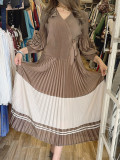 Long Sleeve Color Block Tie Up Maxi Dress GZRF-A232