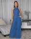 Sleeveless Backless Denim Wide Leg Jumpsuit LX-3582