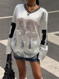 Print Lace See Through V Neck Sweatshirt YWXS-K25L162
