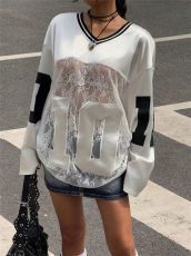 Print Lace See Through V Neck Sweatshirt YWXS-K25L162
