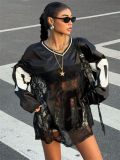 Print Lace See Through V Neck Sweatshirt YWXS-K25L162