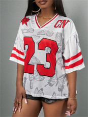 Letter Print Loose Hollow Out T Shirts YWXS-K25L303