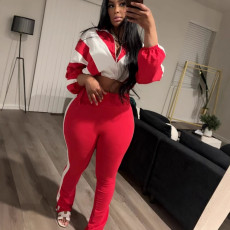 Lapel Zipper Patchwork Sport Two Piece Pants Set LSD-2499