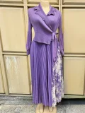 Pleated Print Tie Up Print Maxi Dress GZRF-A202