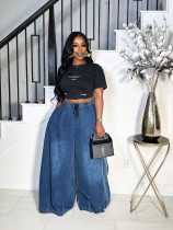 Plus Size Vintage Washed Lace-Up Loose Jeans GYLN-1132