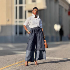 Patchwork Contrast Color Wide Leg Jeans GYLN-8157