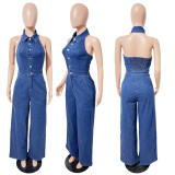 Sleeveless Backless Denim Wide Leg Jumpsuit LX-3582