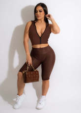 Sleeveless Zipper Hooded Two Piece Shorts Set LSD-82066