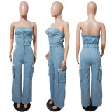 Fashion Wrap Chest Denim Straight Jumpsuit LX-6998