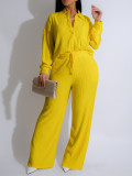 Solid Color Long Sleeve Pleated Two Piece Pants Set AIL-325