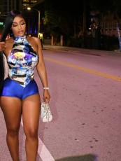 Print Backless Off Shoulder Two Piece Shorts Set YWXS-K25L798