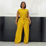 Plus Size Solid Sleeveless Tie Up Pants Suit NY-11095