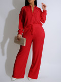 Solid Color Long Sleeve Pleated Two Piece Pants Set AIL-325
