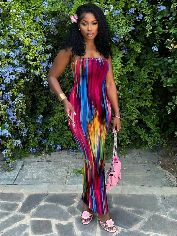Colorful Print Off Shoulder Tube Tops Dress SH-S390584