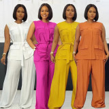 Plus Size Solid Sleeveless Tie Up Pants Suit NY-11095