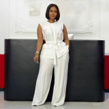Plus Size Solid Sleeveless Tie Up Pants Suit NY-11095