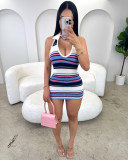 Stripe Print Sleeveless Backless Mini Dress YWXS-K25L841