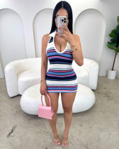 Stripe Print Sleeveless Backless Mini Dress YWXS-K25L841