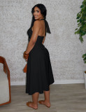 Plus Size Solid Color Twisted Neck Tie Midi Dress NY-11088