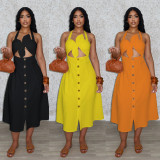 Plus Size Solid Color Twisted Neck Tie Midi Dress NY-11088