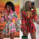 Floral Deep V Flared Sleeve Tie Up Mini Dress QODY-6035