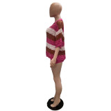 Striped Sweater Short Sleeve Two Piece Shorts Set QXTF-83011