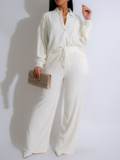 Solid Color Long Sleeve Pleated Two Piece Pants Set AIL-325