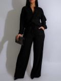 Solid Color Long Sleeve Pleated Two Piece Pants Set AIL-325