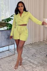Plus Size Solid Color Long Sleeve Blazer Short Suit NY-3632