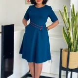 Plus Size Short Sleeve Solid Color Midi Dress GATE-589