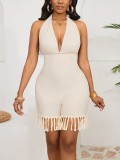 Deep V Neck Tassel Backless Romper GDNY-005