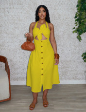 Plus Size Solid Color Twisted Neck Tie Midi Dress NY-11088