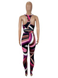 Comtrast Color Print Tank Tops Two Piece Pant Set SHD-9739