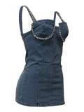 Denim Washed Blue Diamond Halter Mini Dress OD-8745