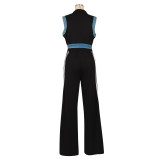 Sleeveless Patchwork Stripe Denim 2 Piece Pants Set AIL-322