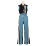 Sleeveless Patchwork Stripe Denim 2 Piece Pants Set AIL-322