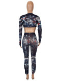 Mesh Print Long Sleeve Slim Two Piece Pants Set SHD-9722