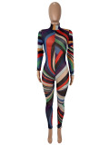 Colorful Print Long Sleeve Mesh Jumpsuit SHD-9732