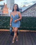 Denim Washed Blue Diamond Halter Mini Dress OD-8745