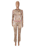 Leopard Print Zipper Hooded Two Piece Pants Set SHD-9718