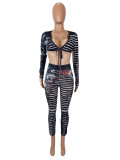 Mesh Print Long Sleeve Slim Two Piece Pants Set SHD-9722