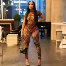 Print Short Sleeve Mesh Jumpsuit SHD-9707