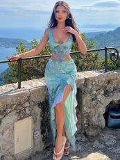 Mesh Print Sleevelsss Vest Split Skirts 2 Piece Set SHD-9624
