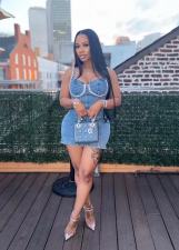 Denim Washed Blue Diamond Halter Mini Dress OD-8745